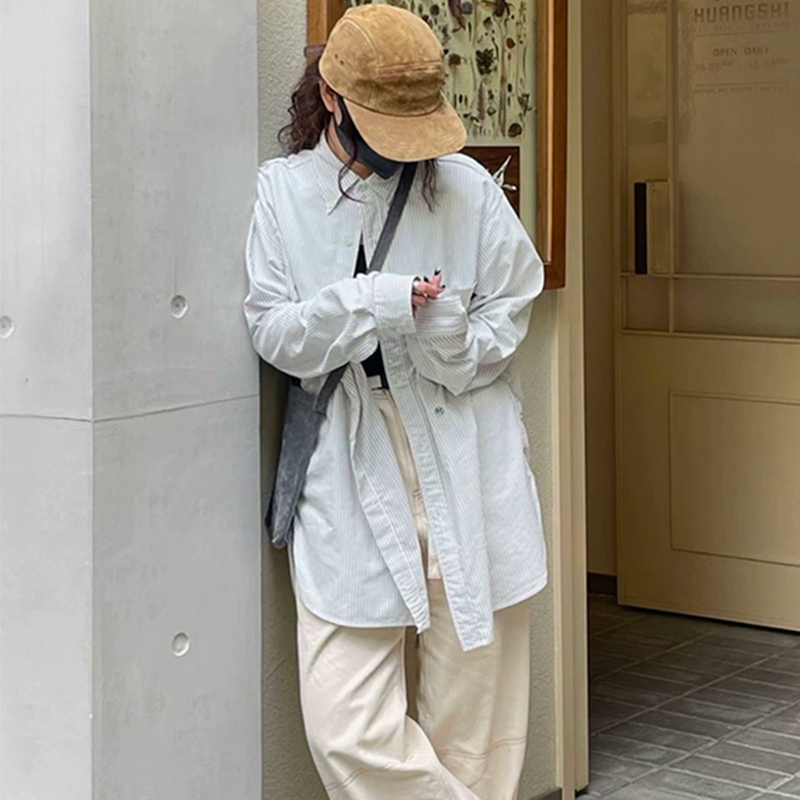 nanamica日系复古条纹衬衫男女宽松休闲长袖衬衣情侣百搭上衣衬衫