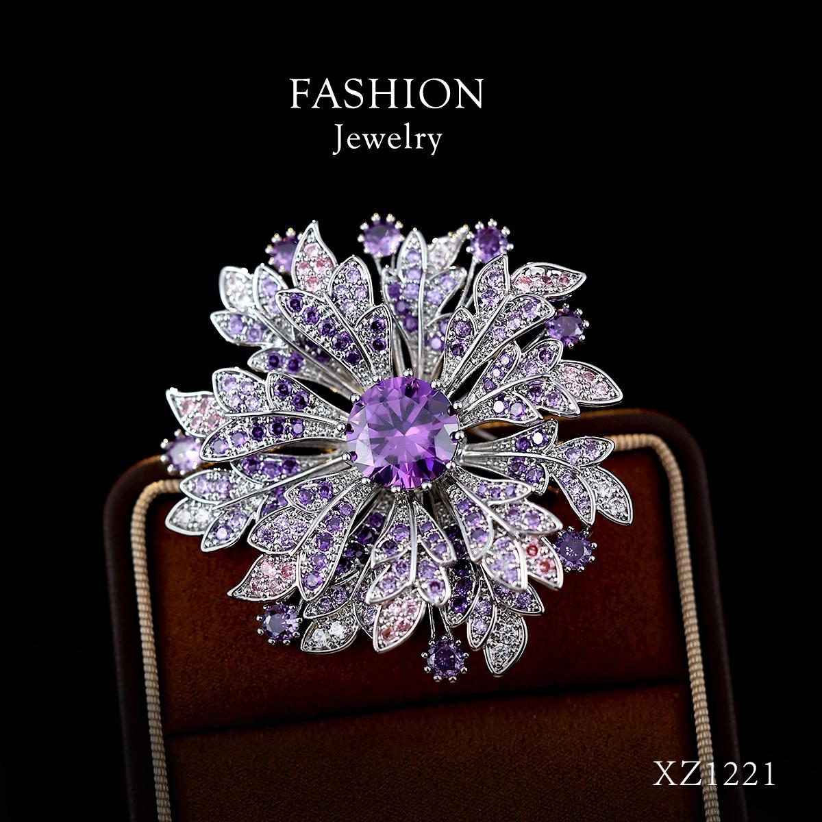 新品微镶锆石紫水晶雏菊胸针