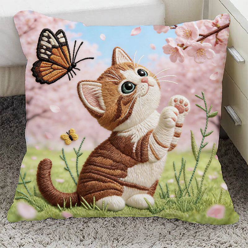 可爱春日猫猫抱枕短毛绒平面印花客厅沙发超柔软腰靠垫含芯可拆洗