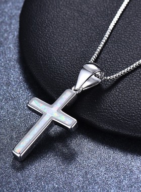 新款跨境个性S925蓝色白色澳宝十字架项链女式百搭吊坠项链