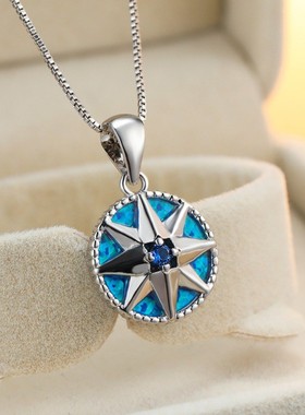 新款欧美时尚蓝色澳宝白金红钻白澳宝盾牌项链女跨境圆形吊坠饰品