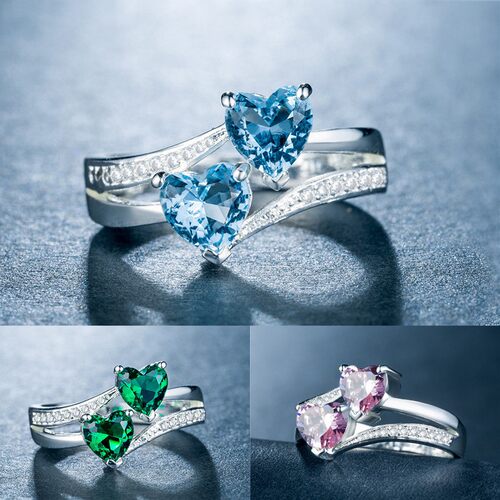 新款欧美爆款ring女士锆石戒指双心形宝石镀白金铜指环首饰品 - 封面