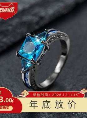 新款跨境个性风潮黑金水蓝色四爪三颗锆石欧美风戒指