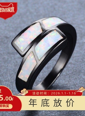 新款跨境个性简约时尚黑金白色澳宝戒指女式气质百搭指环