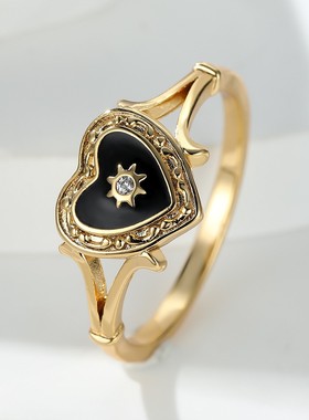 新款时尚金色暗黑哥特风黑色珐琅心形戒指滴油轻奢情侣指环