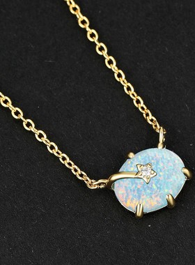 新款欧美时尚蓝色澳宝白金椭圆六爪蓝澳宝星星项链简约个性百搭饰