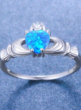 新款跨境时尚可爱 纯银蓝色奥宝心形戒指厂家