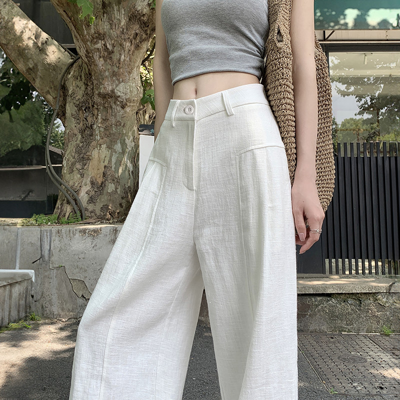 白色亚麻裤子女夏季薄款高腰垂感老钱风西装直筒休闲棉麻阔腿裤