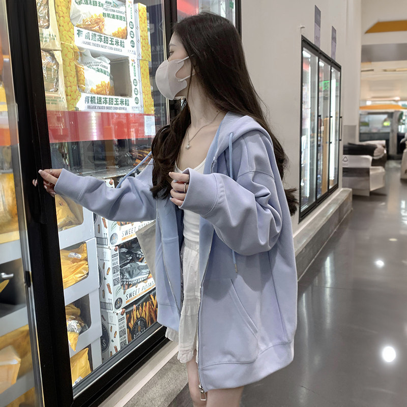 蓝色卫衣外套女春秋款2025新款爆款宽松运动连帽薄款拉链开衫上衣