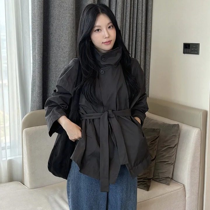 chic 韩版秋冬简约高级感英伦风立领宽松系带百搭短款风衣外套