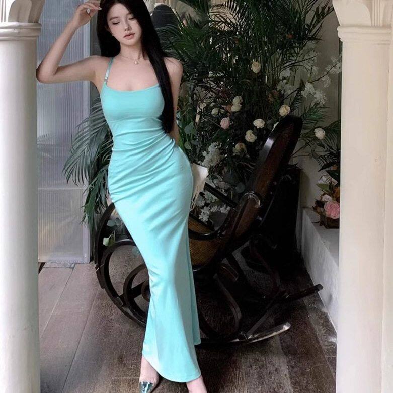 巧克少女纯欲风蓝色露背吊带连衣裙女装夏季性感修身鱼尾裙长裙子
