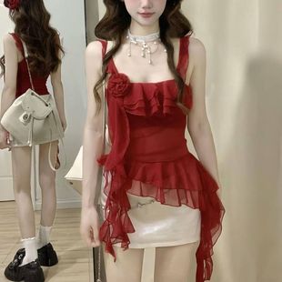 2025泰式纯欲吊带高级感气质辣妹不规则红色上衣女小个子夏季穿搭