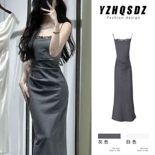 高级感灰色富家千金风吊带连衣裙西装夏季女纯欲蕾丝褶皱包臀长裙