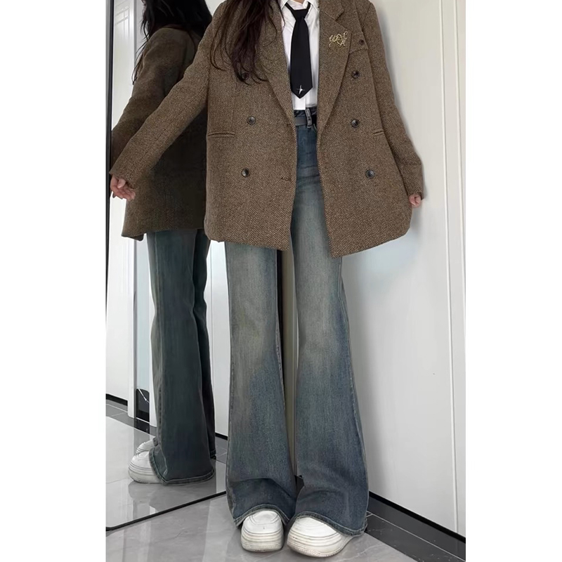 美式复古加绒微喇牛仔裤女2024年冬季高腰小个子不贴腿弹力喇叭裤