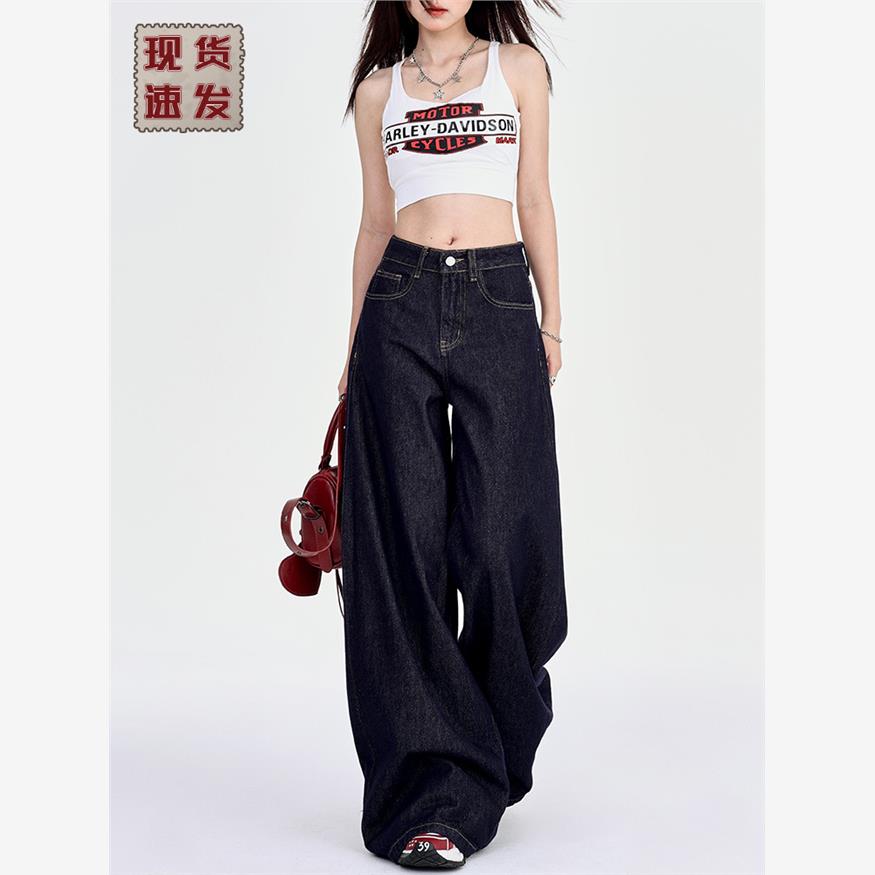 深蓝美式宽松阔腿牛仔裤女2024年秋冬新款加绒慵懒休闲拖地直筒裤