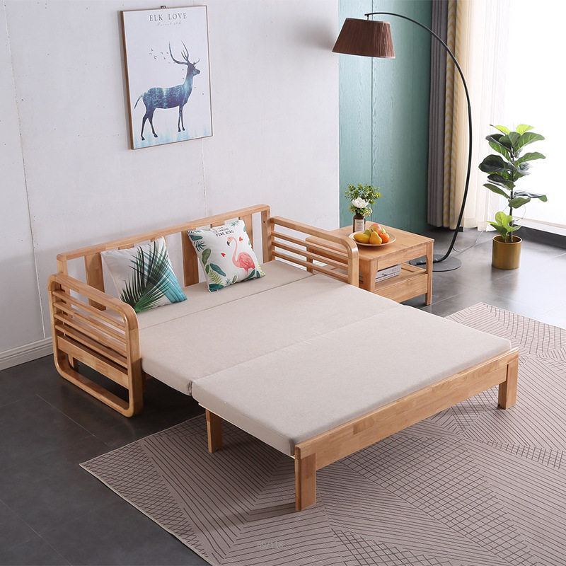 北欧风实木沙发床现代简约公寓小户型客厅贵妃转角可折叠沙发拉床