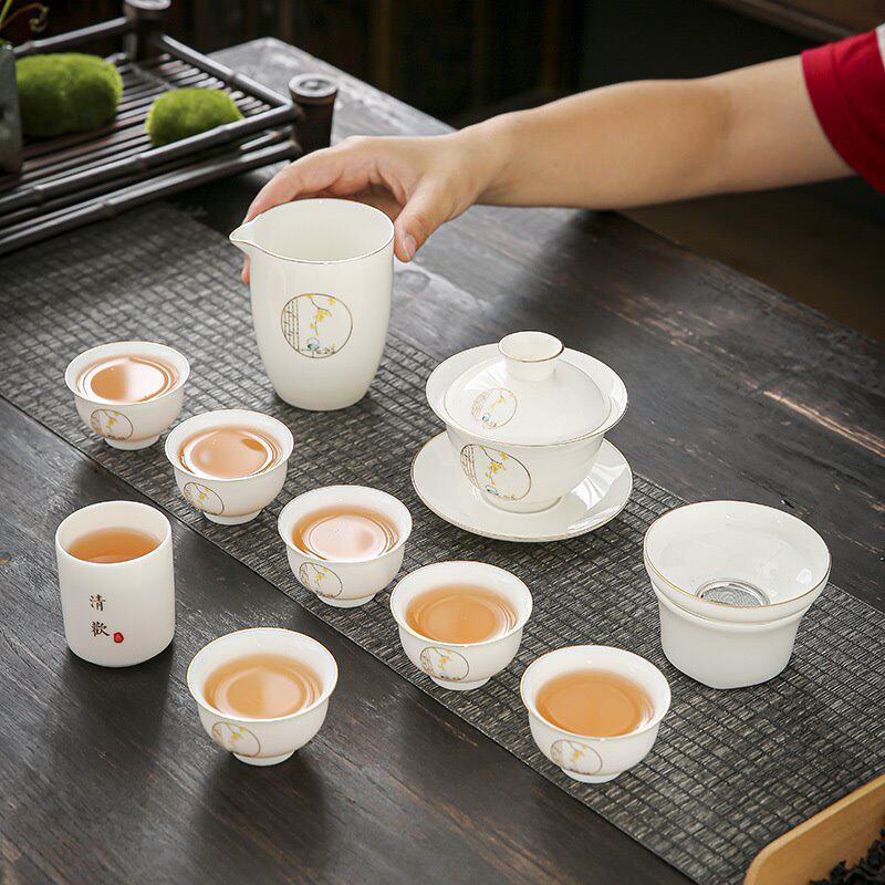 晟翔陶瓷家用茶具茶杯复古茶具套装书窗盖碗10头加主人杯简约盖碗