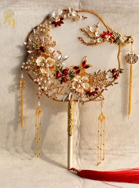 xyt中式古典手工冰蓝色喜扇新娘秀禾服婚礼团扇结婚出嫁扇diy材料