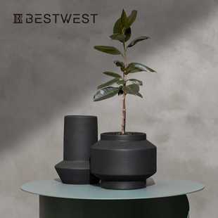 样板间装 Best 家居软装 west 饰品花器 黑色直筒陶瓷釉面花瓶花盆