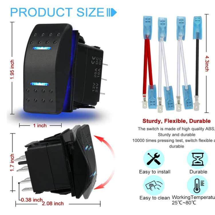 船舶汽卡车防水摇杆开关12V20A24V10A7Pin蓝红绿色LED灯带线套装