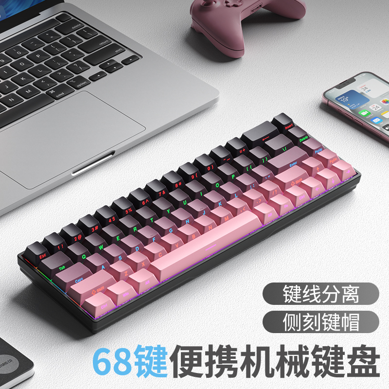 DAGK 68机械键盘有线小型便携外接笔记本电脑青红茶轴PBT渐变侧刻