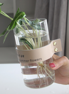 创意透明玻璃花瓶北欧简约皮革玻璃花器家居插花摆件水培植物花瓶