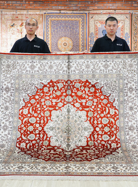 天匠180x180cm手工真丝波斯地毯红色地毯走廊地毯正方形茶几地毯