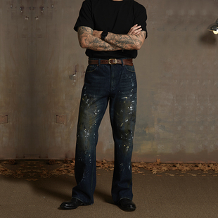 手工泼墨做旧牛仔裤 男 ｜12.5oz日本制蓝染丹宁布中高腰阔腿长裤