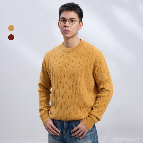 2色圆领绞花毛衣羊绒羊毛混纺