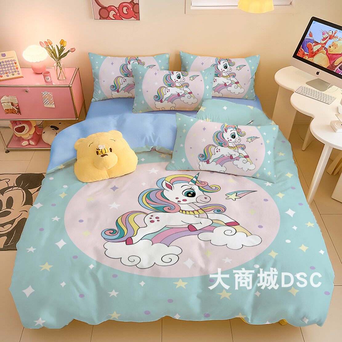 卡通可爱独角兽四件套儿童女孩被套学生宿舍床单床笠单人三件套