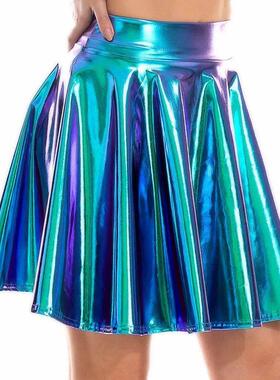 Laser glossy large swing short skirt镭射亮面表演服大摆短裙女