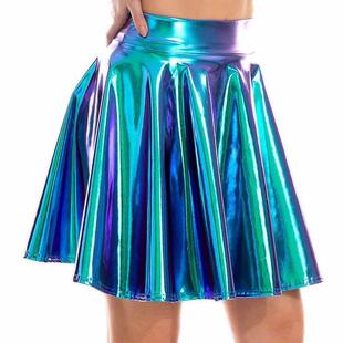 Laser glossy large swing short skirt镭射亮面表演服大摆短裙女
