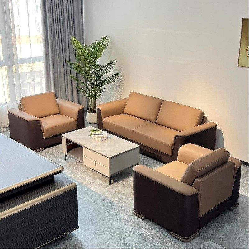 大型办公沙发卡其色简约商务接待室会客区休闲办公室皮沙发三人位