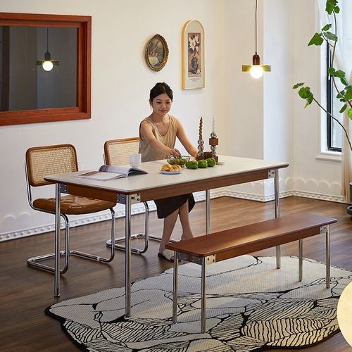 中古岩板餐桌白色北欧复古实木家用小户型长方形饭桌子原木餐桌椅