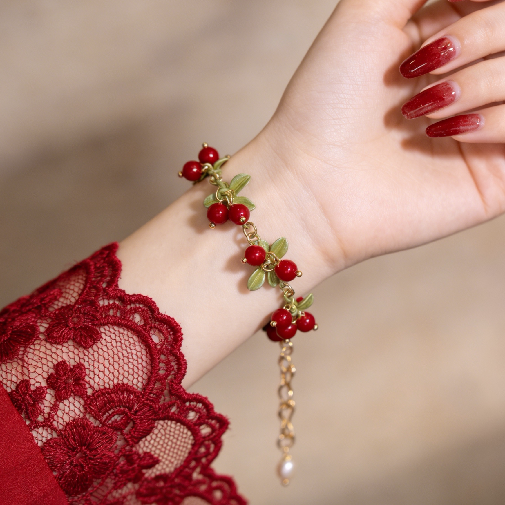 Selenichast蔓越莓法式红色手链女小众高级设计感结婚送闺蜜礼物