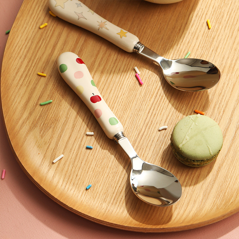 OPT波点勺子陶瓷柄不锈钢儿童餐勺喝汤勺家用高颜值咖啡搅拌勺
