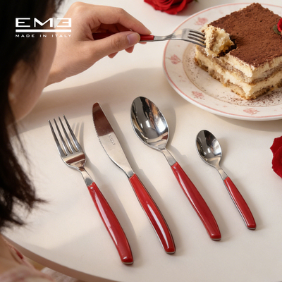 意大利EME复古红柄刀叉勺不锈钢西餐餐具家用甜点牛排轻奢高级感