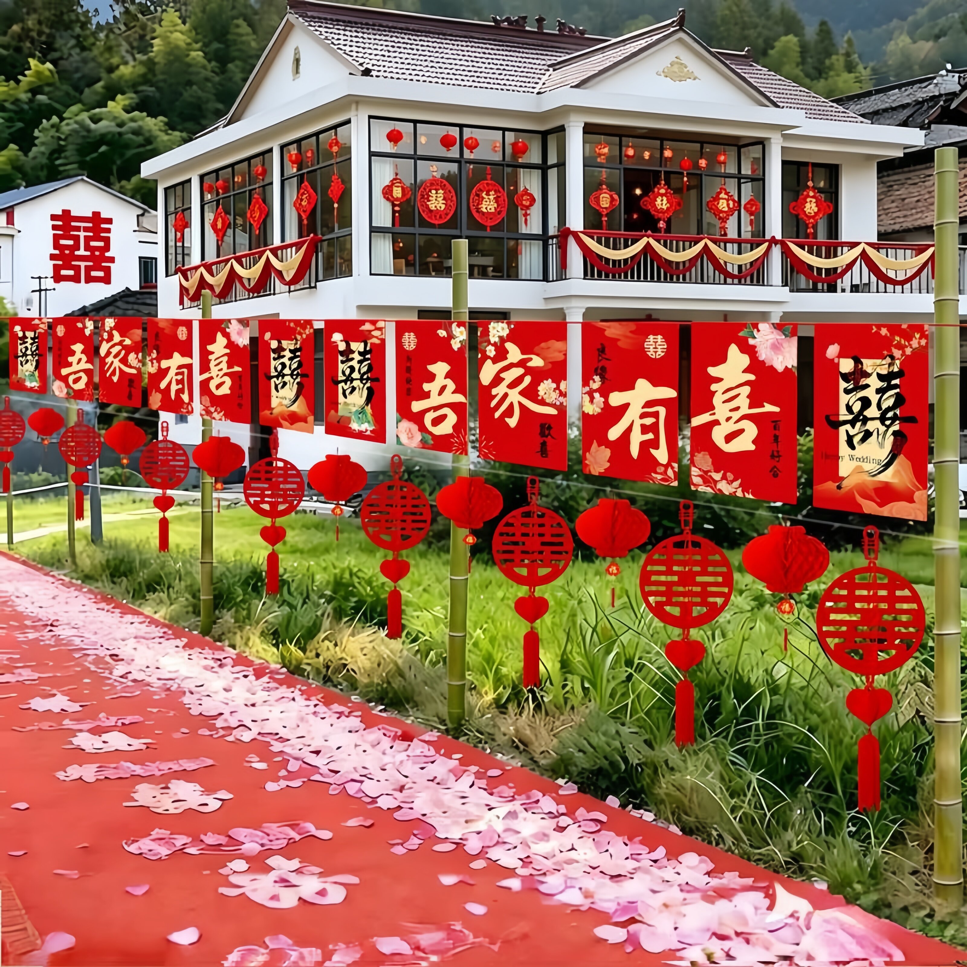 结婚路引农村路边装饰彩旗风车喜字布置场景婚礼院子迎宾婚房用品