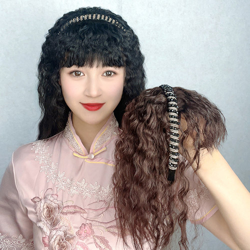 水钻发箍假发女头顶补发片增发遮白发一体式玉米烫蓬松隐形卷发片
