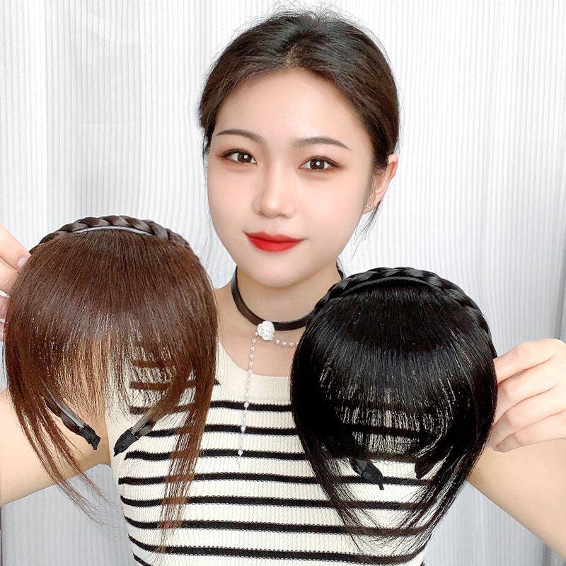 正品辫子发箍浏海一体女士真发前额头帘鬓角遮白发碎齐浏海假发片