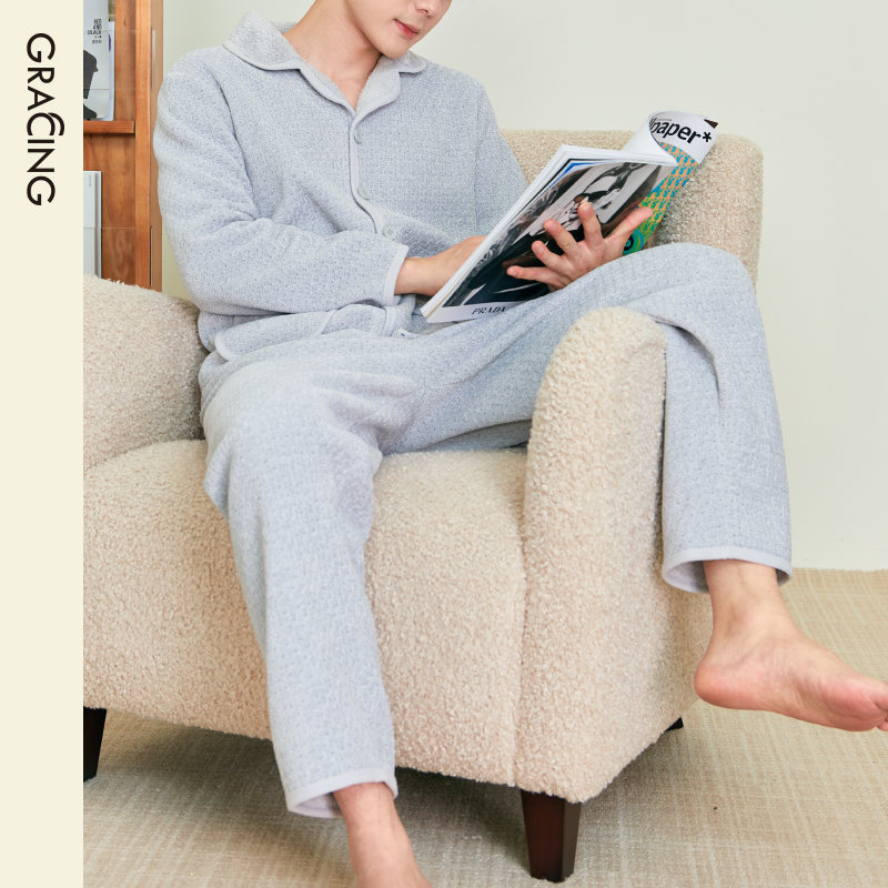 Gracing/歌瑞森男士雪尼尔家居套装睡衣春秋款长袖2025新款可外穿