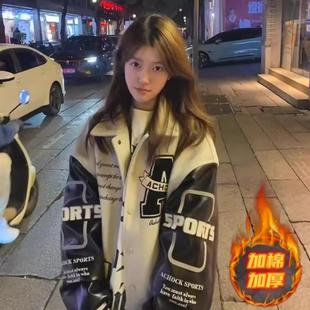 美式翻领复古棒球服外套女冬季新款加棉立领情侣刺绣夹克宽松外套