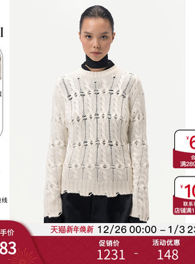 GOBI戈壁秋冬纯色圆领镂空套头羊绒衫女士短款针织衫毛衣WK755