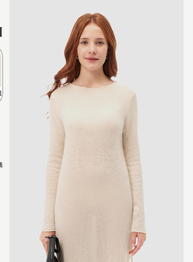 GOBI戈壁春夏圆领白色长袖优雅高级时尚女士长裙羊绒连衣裙WK685