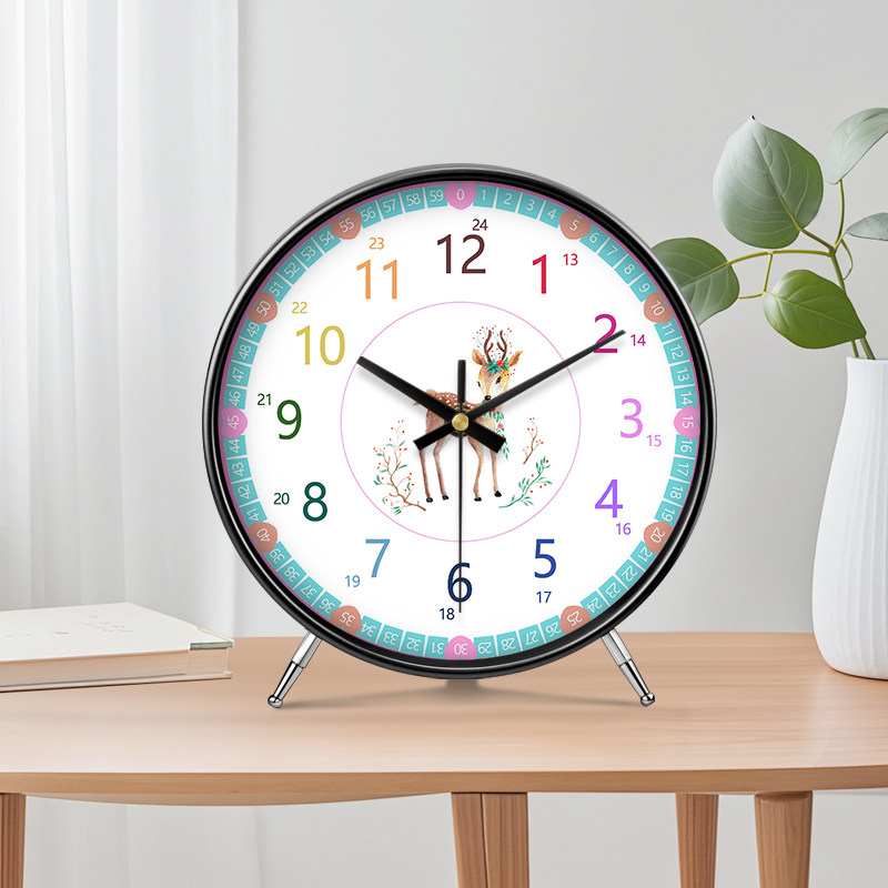 客厅桌面小麋鹿个性钟表早教时尚创意座钟台式现代简约时钟摆件