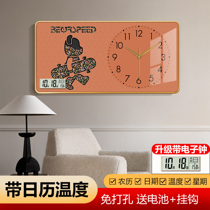 卡通暴力熊免打孔表钟挂墙客厅装饰画家用餐厅挂画钟表晶瓷挂钟图片