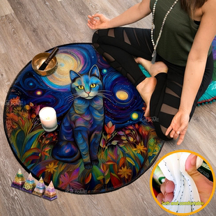 水彩风星夜灵猫地毯颂钵冥想垫佛堂禅修打坐垫子Moody Round Rug