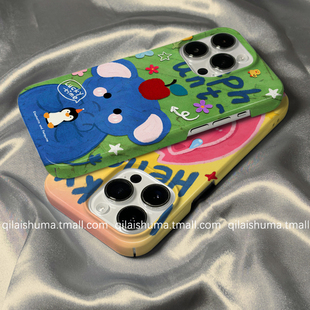 柒莱菲林壳适用于苹果16promax手机壳新款iPhone17/15/14卡通绿色油画大象13防摔12硬11保护套xs硅胶xr男女软