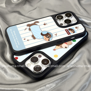 柒莱高级磨砂玻璃适用于苹果16promax手机壳新款iPhone17女15可爱蓝色条纹腊肠狗14硬13防摔12硅胶11套情侣