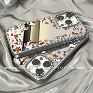 柒莱高级镜面壳适用于苹果16promax手机壳新款iPhone17女15可爱卡通小众kt猫补妆14硬壳13防摔12硅胶11保护套